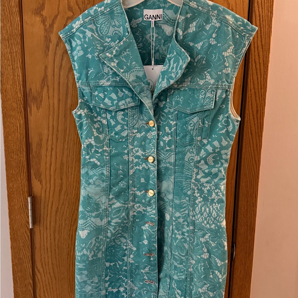 GANNI Green Floral Denim Dress